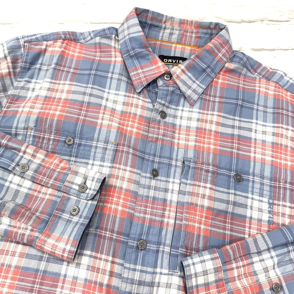 Orvis Shirt Mens Large Blue Buffalo Plaid Button Down Cotton Casual‎ Long Sleeve